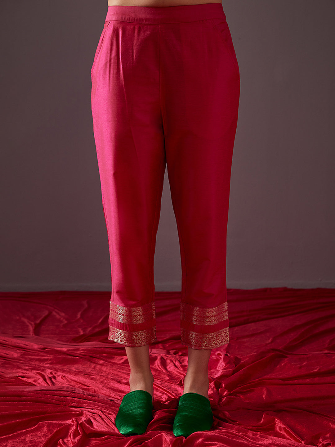Pegged pants with banarasi zari border-Fuschia pink