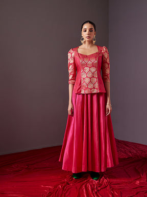 Banarasi zari U neck paneled top -Fuschia pink