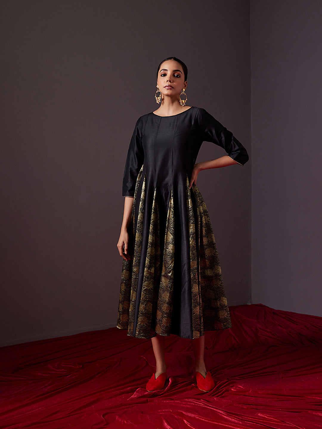 Banarasi zari godet flared dress-metallic black
