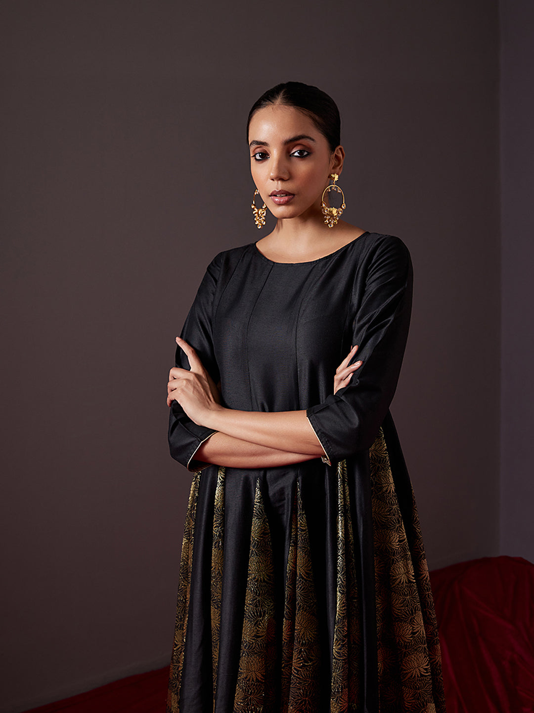 Banarasi zari godet flared dress-metallic black