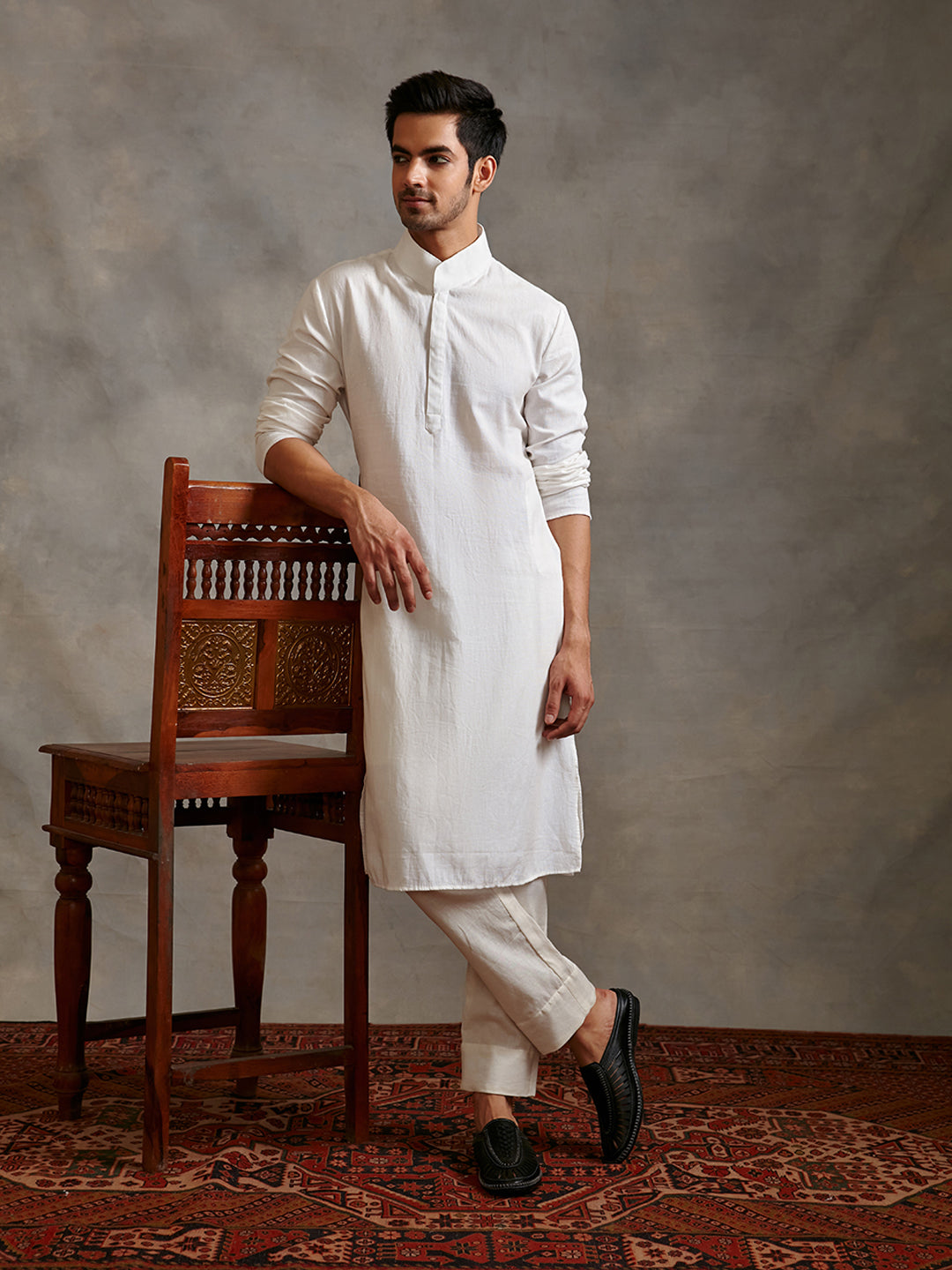 Extended collar cotton flax kurta Set