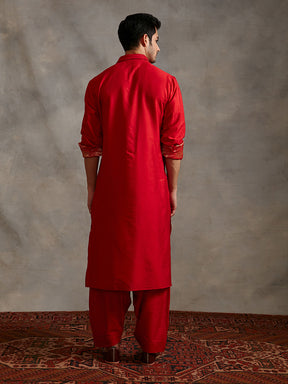 Banarasi collared Kurta Set with zari placket - Scarlet red