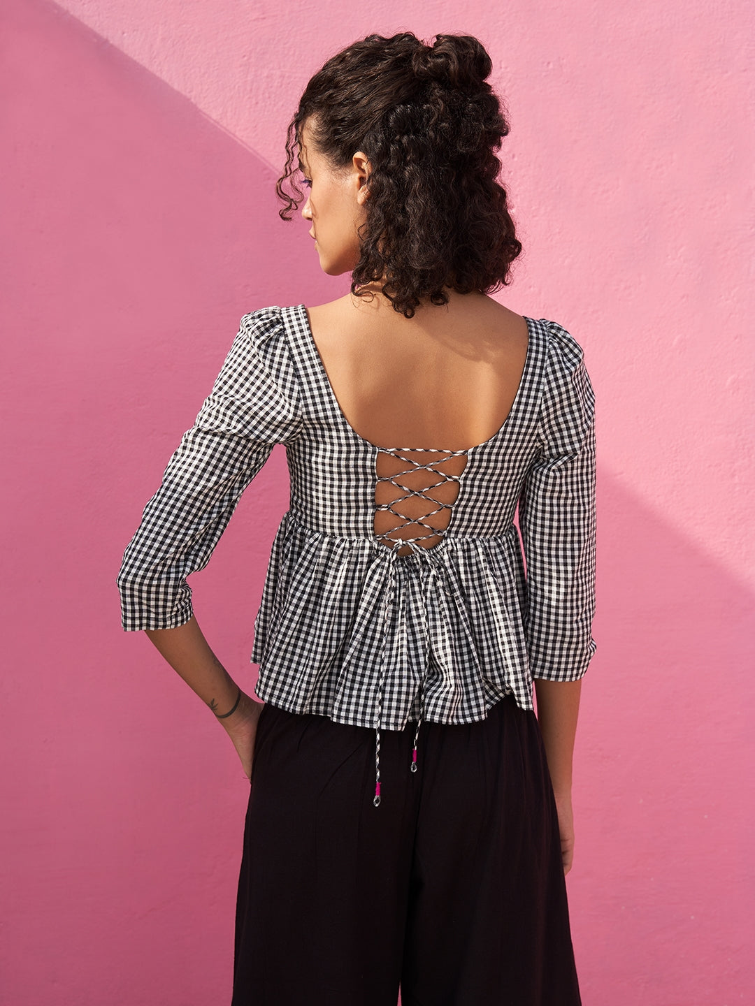 Peplum Top in Gingham Checks with Sweetheart Neckline