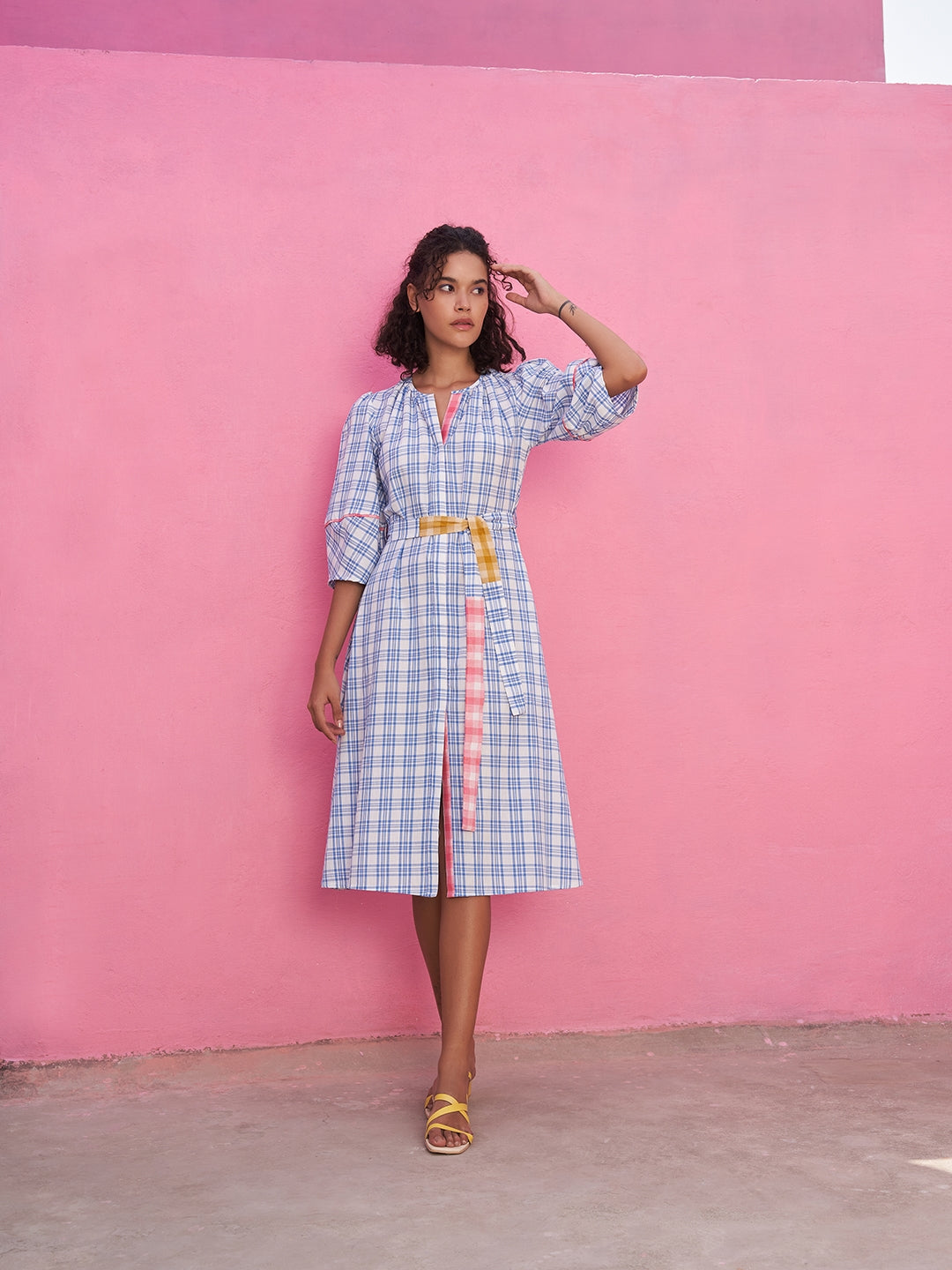 A- Line Plaid Check Dress with Lantern Sleeves