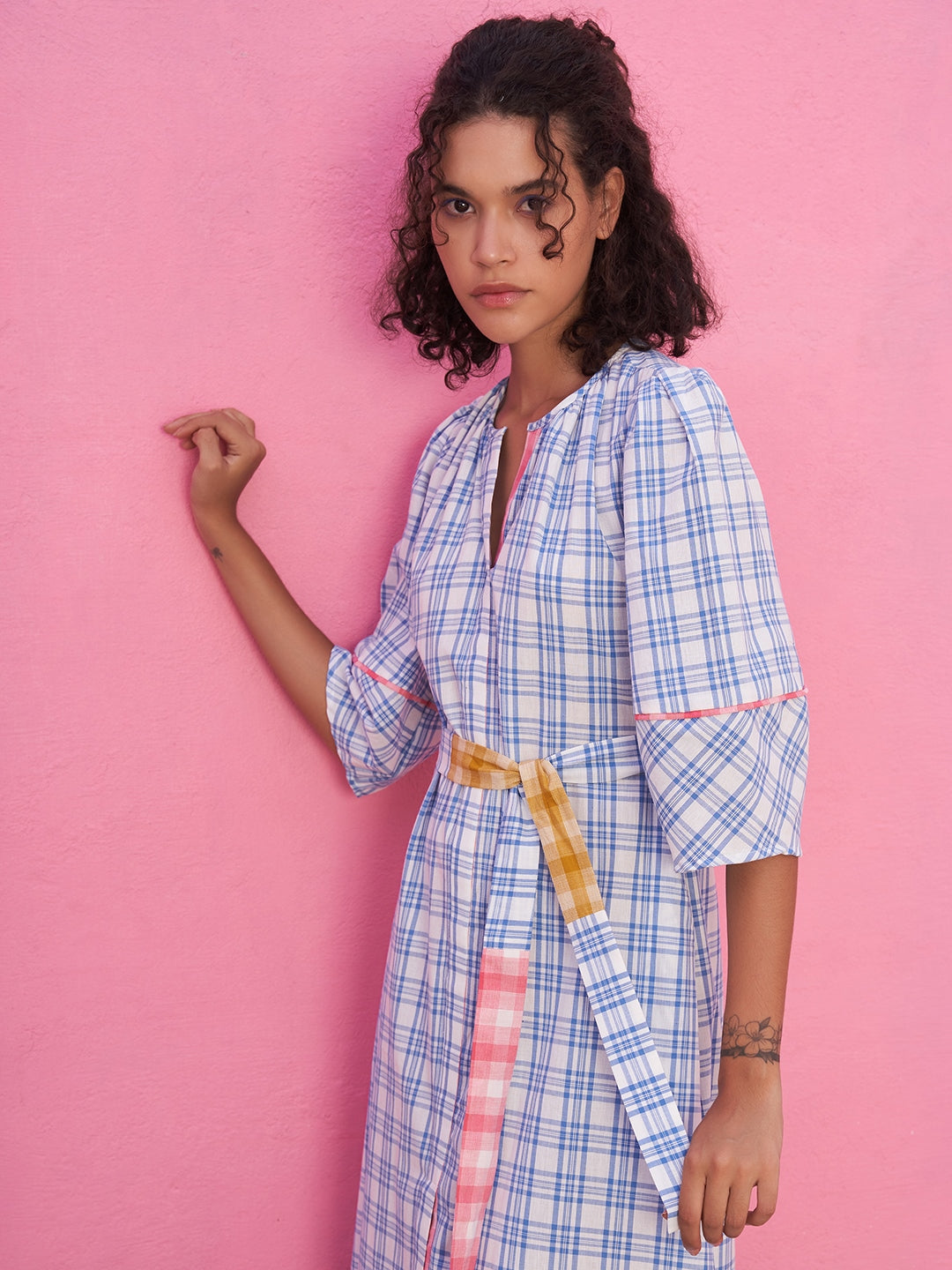 A- Line Plaid Check Dress with Lantern Sleeves