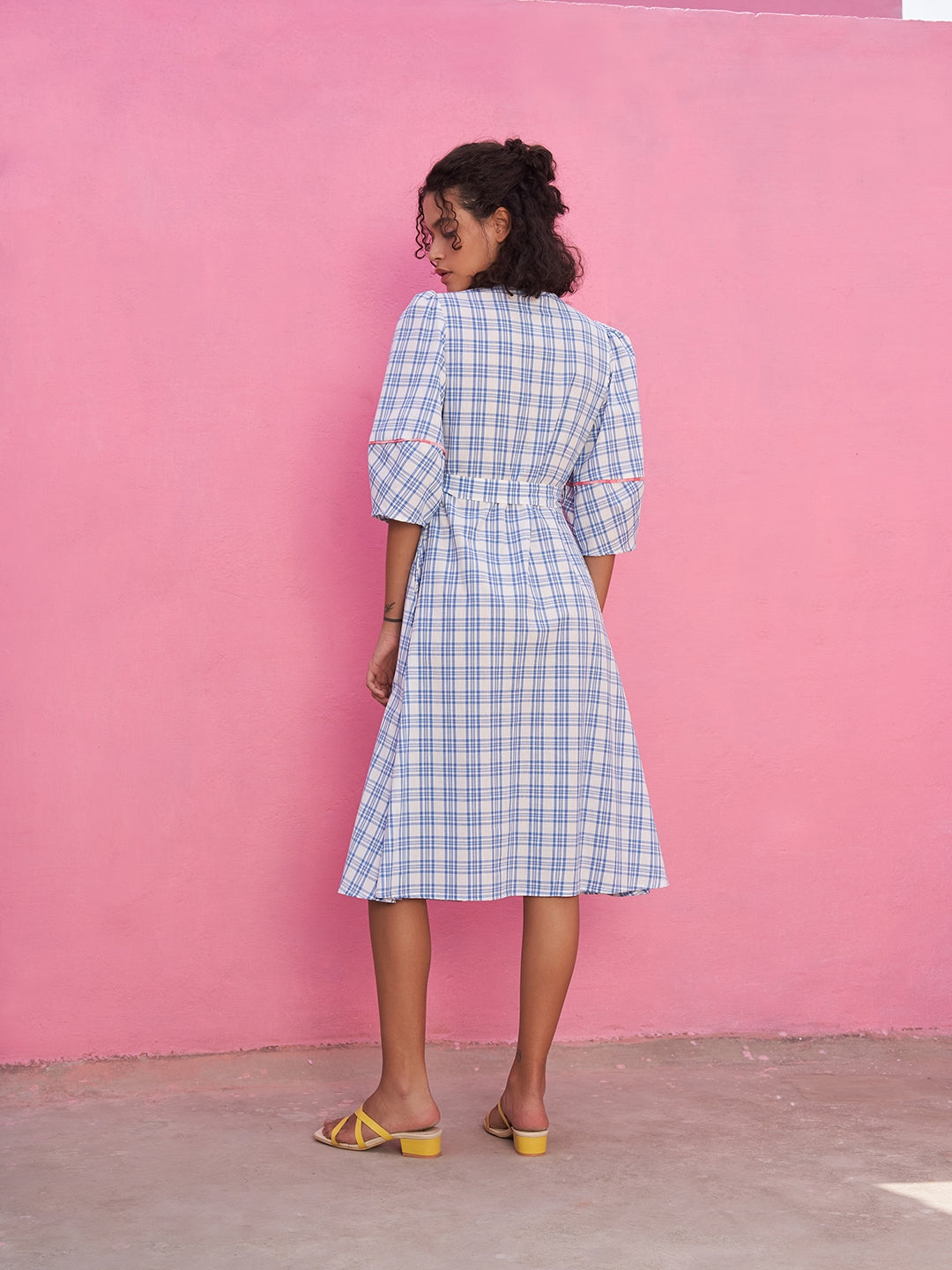 A- Line Plaid Check Dress with Lantern Sleeves