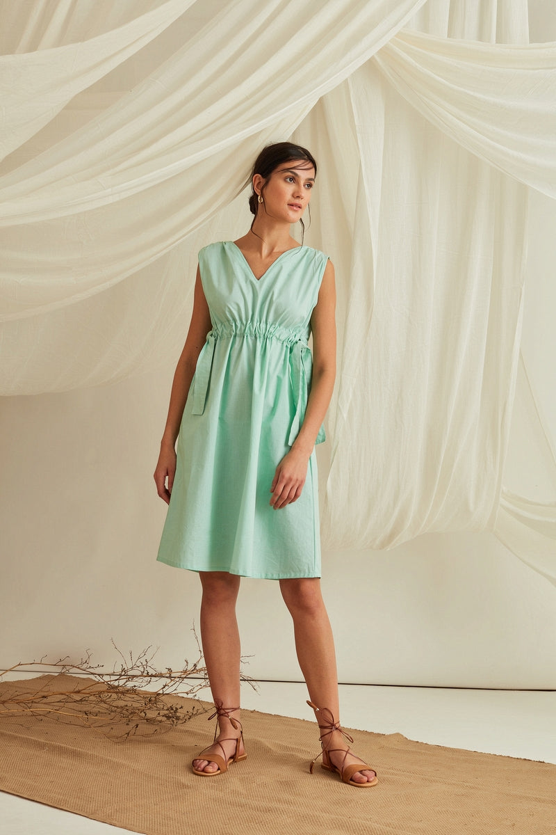 Adjustable tie-up belt cotton poplin dress-Mint Green