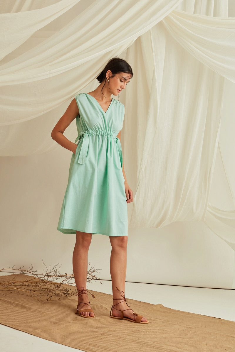 Adjustable tie-up belt cotton poplin dress-Mint Green