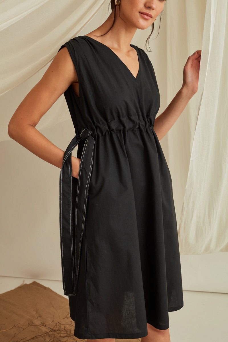 Adjustable tie-up belt cotton poplin dress-Midnight Black
