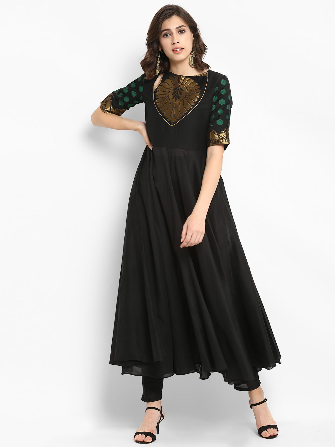 Black Flare Long Kurta with Awadh Neck and Zari Design