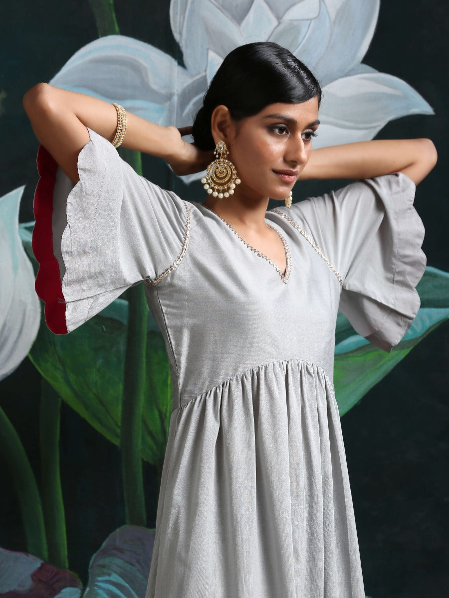 Grey Banarasi Scallop Sleeves kurta