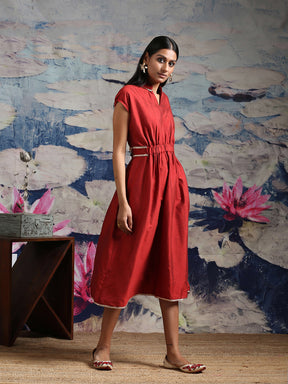 Red Banarasi Midi Dress With Gotta Laces