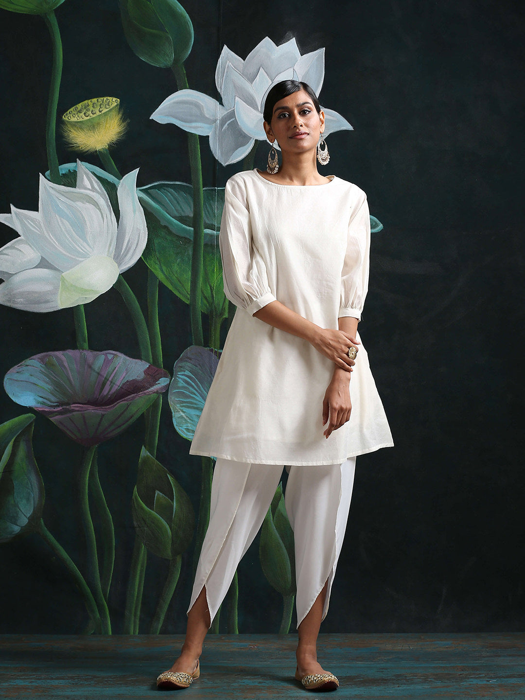 White Banarasi Flared Kurti With Gathered Sleeves