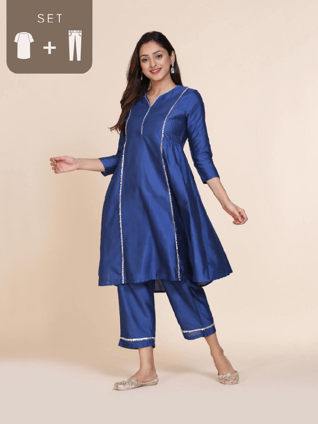 Abhsihti cotton silk kurta with side gathers contrast details and Bo