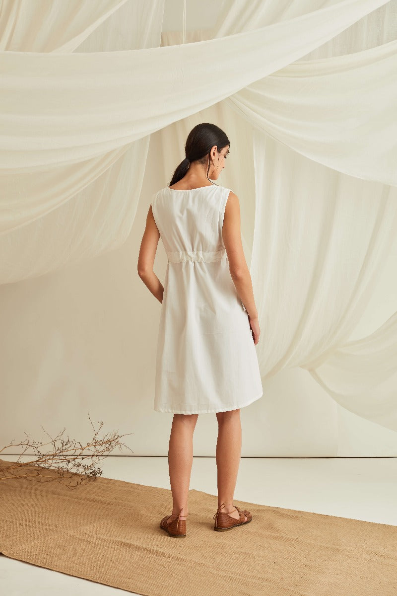 Adjustable tie-up belt cotton poplin dress-Marshmallow White