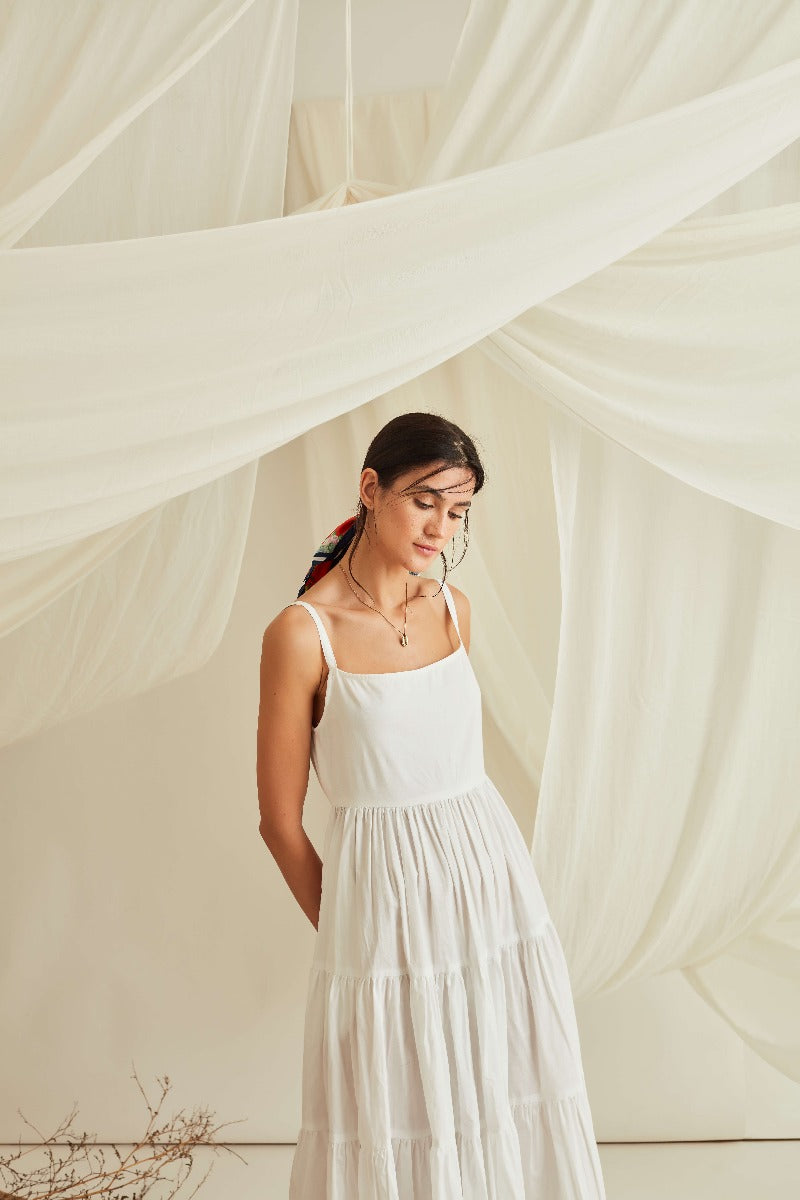 Strappy tiered cotton poplin maxi dress-Marshmallow White