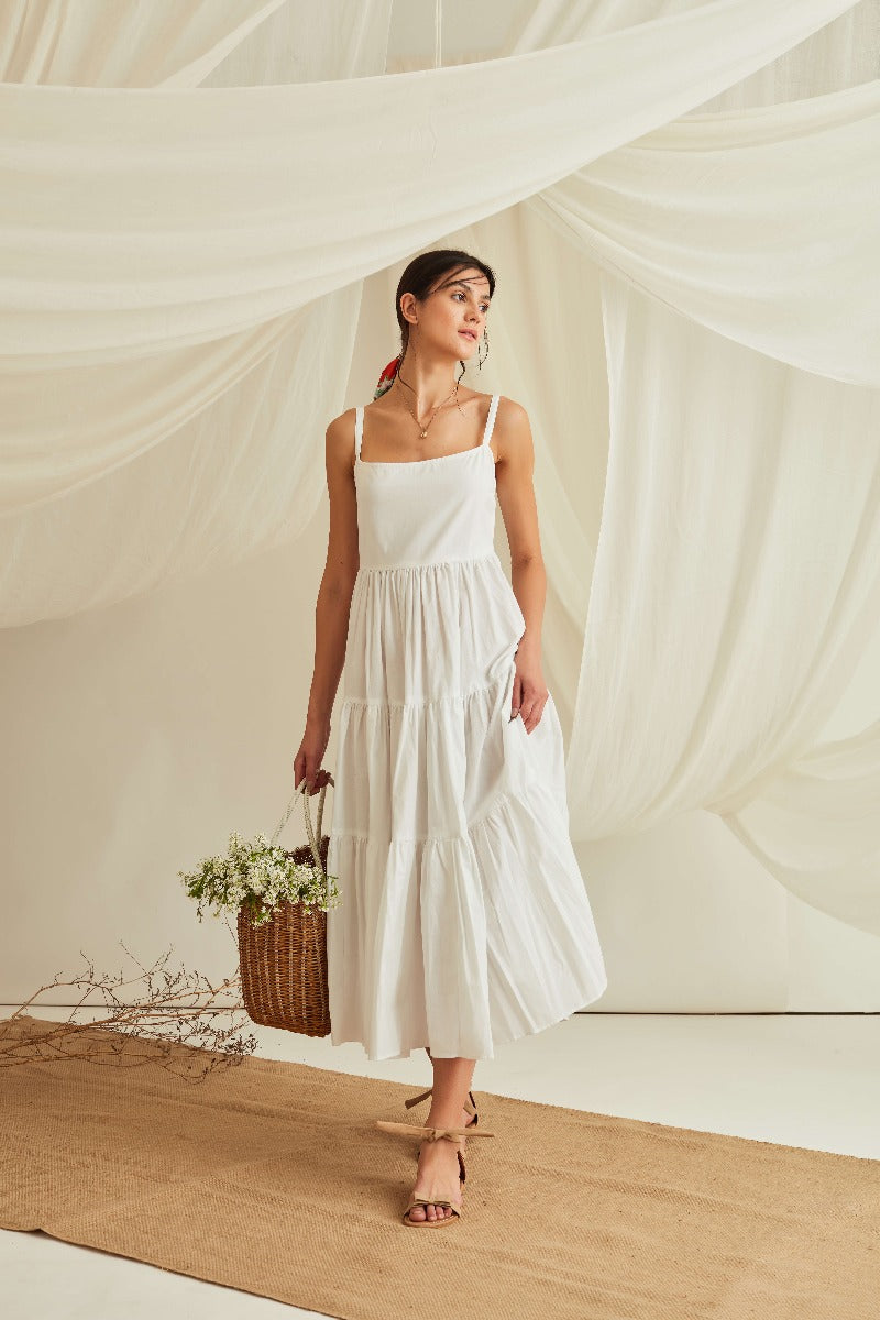 Strappy tiered cotton poplin maxi dress-Marshmallow White