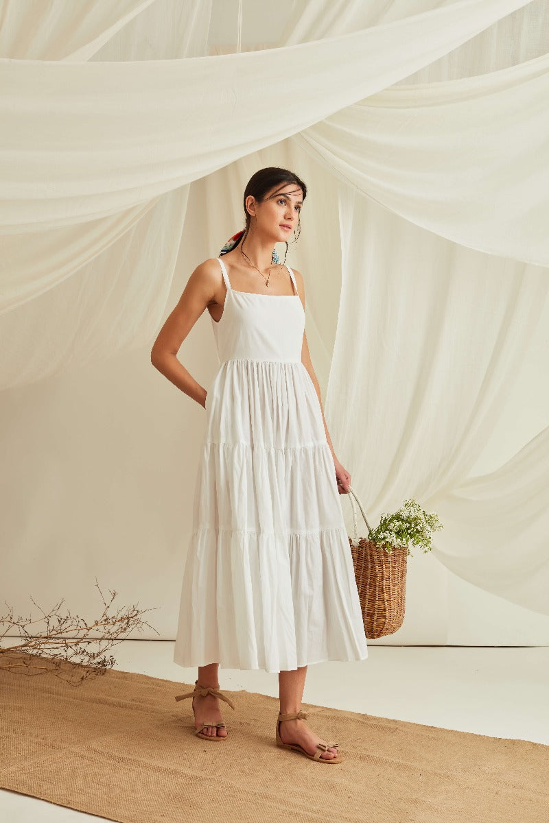 Strappy tiered cotton poplin maxi dress-Marshmallow White