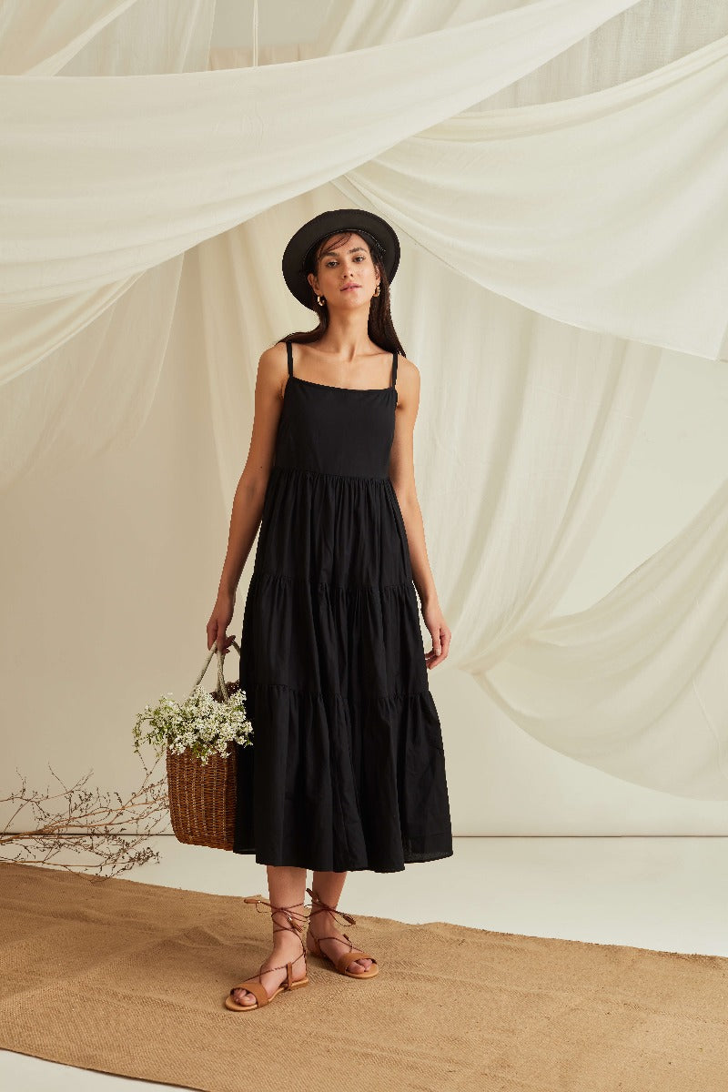 Strappy tiered cotton poplin maxi dress-Midnight Black