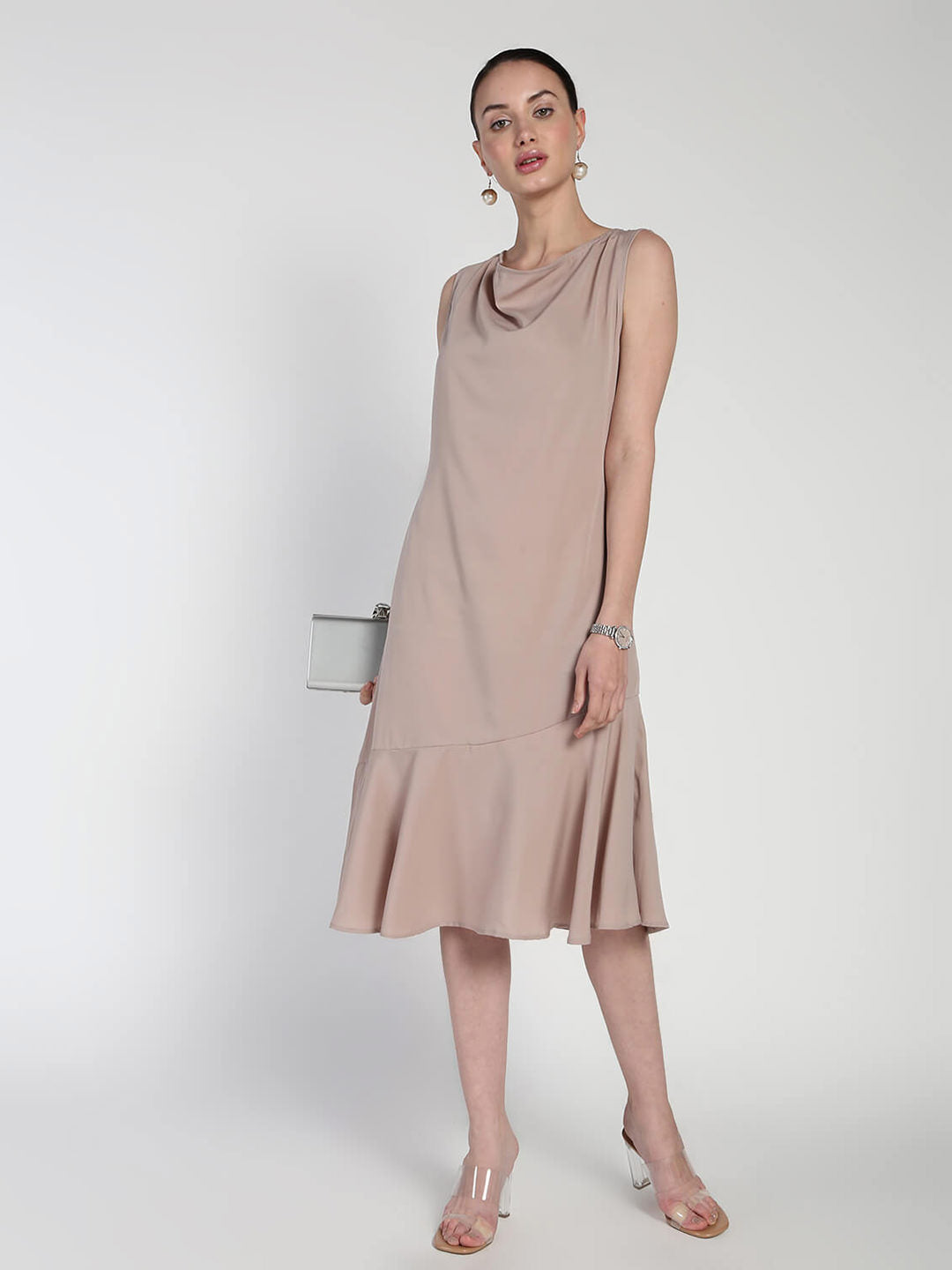 Cowl neck Pephem Crepe Dress - Main Image
