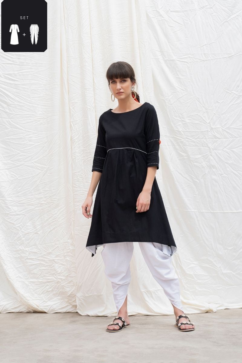 Midnight Black Mangalgiri Flared Kurta With Dhoti Pants