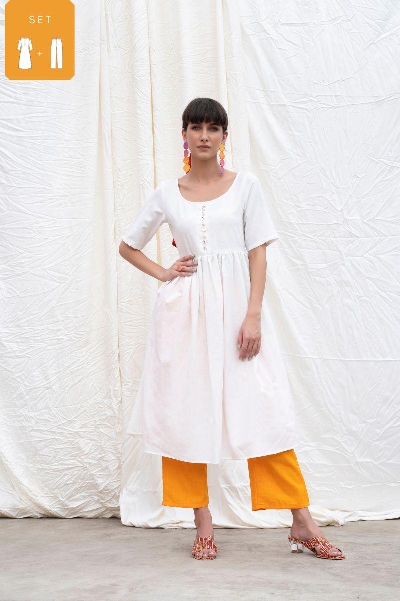 Marshmellow White Mangalgiri Button Down Kurta and Pant