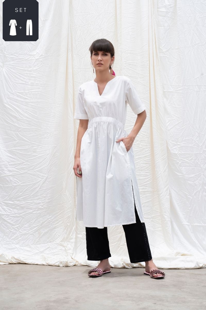 Marshmellow White Elasticated Wasitline Kurta With Pant
