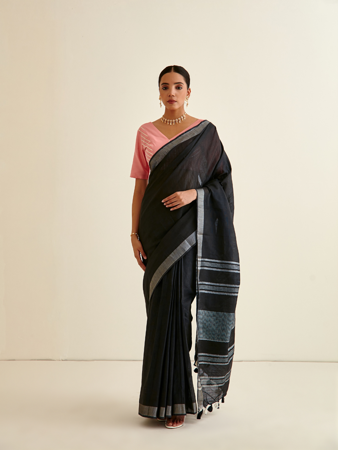 Banarasi Woven sari with silver highlights- Charcoal Black | Relove