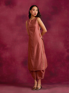 Pleated front & side-buttoned kurta- Rose brown