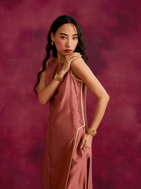 Pleated front & side-buttoned kurta- Rose brown