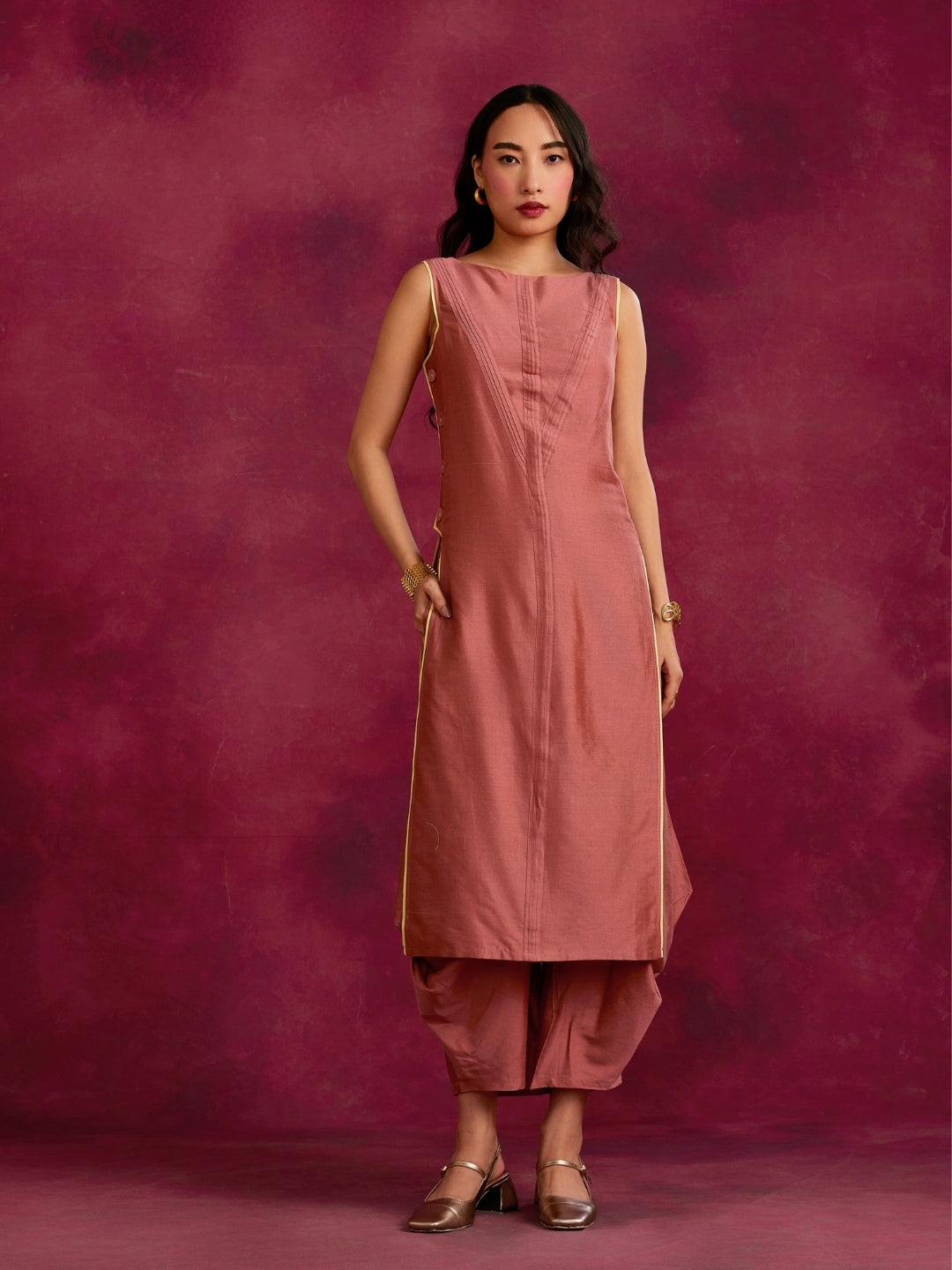 Pleated front & side-buttoned kurta- Rose brown