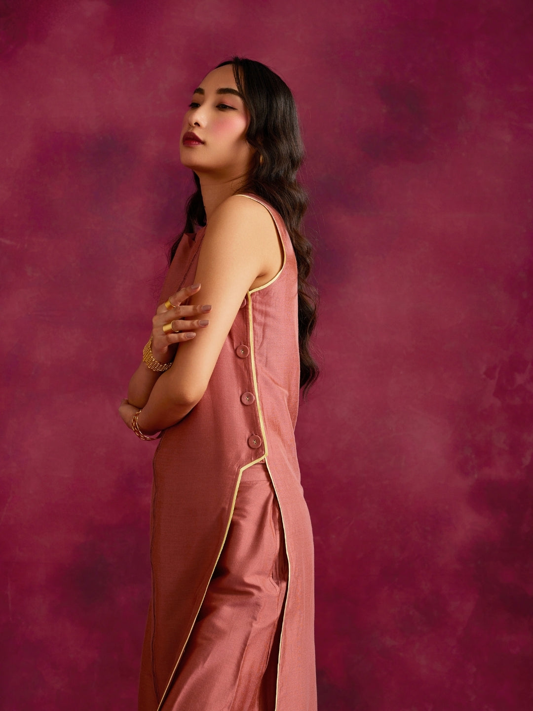 Pleated front & side-buttoned kurta- Rose brown