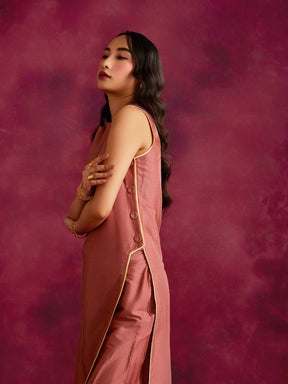 Pleated front & side-buttoned kurta- Rose brown