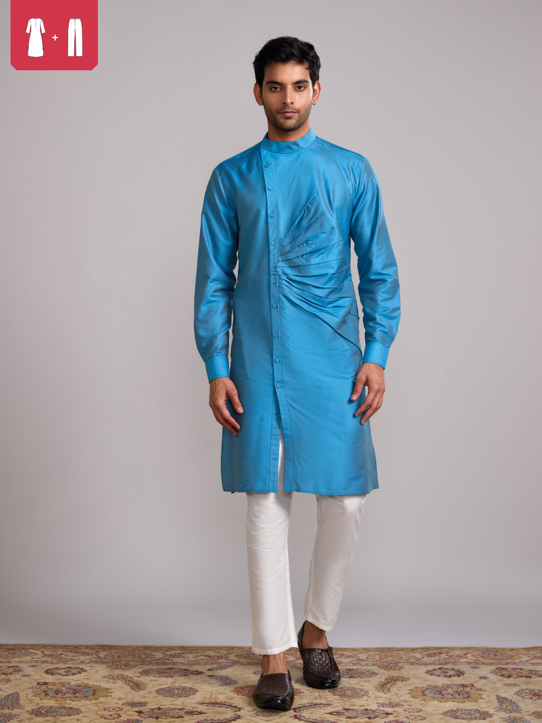 Mandarin collar front pleats straight kurta paired with straight pants- Blue moon