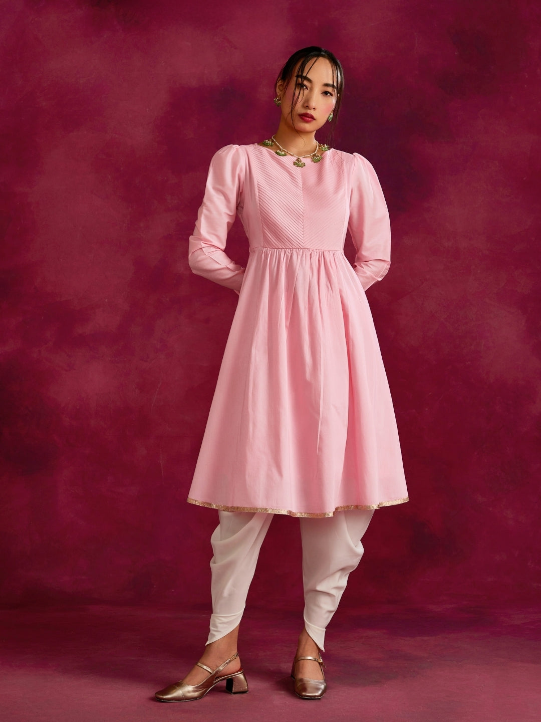 Pintucked yoke flared kurta- Sakura pink