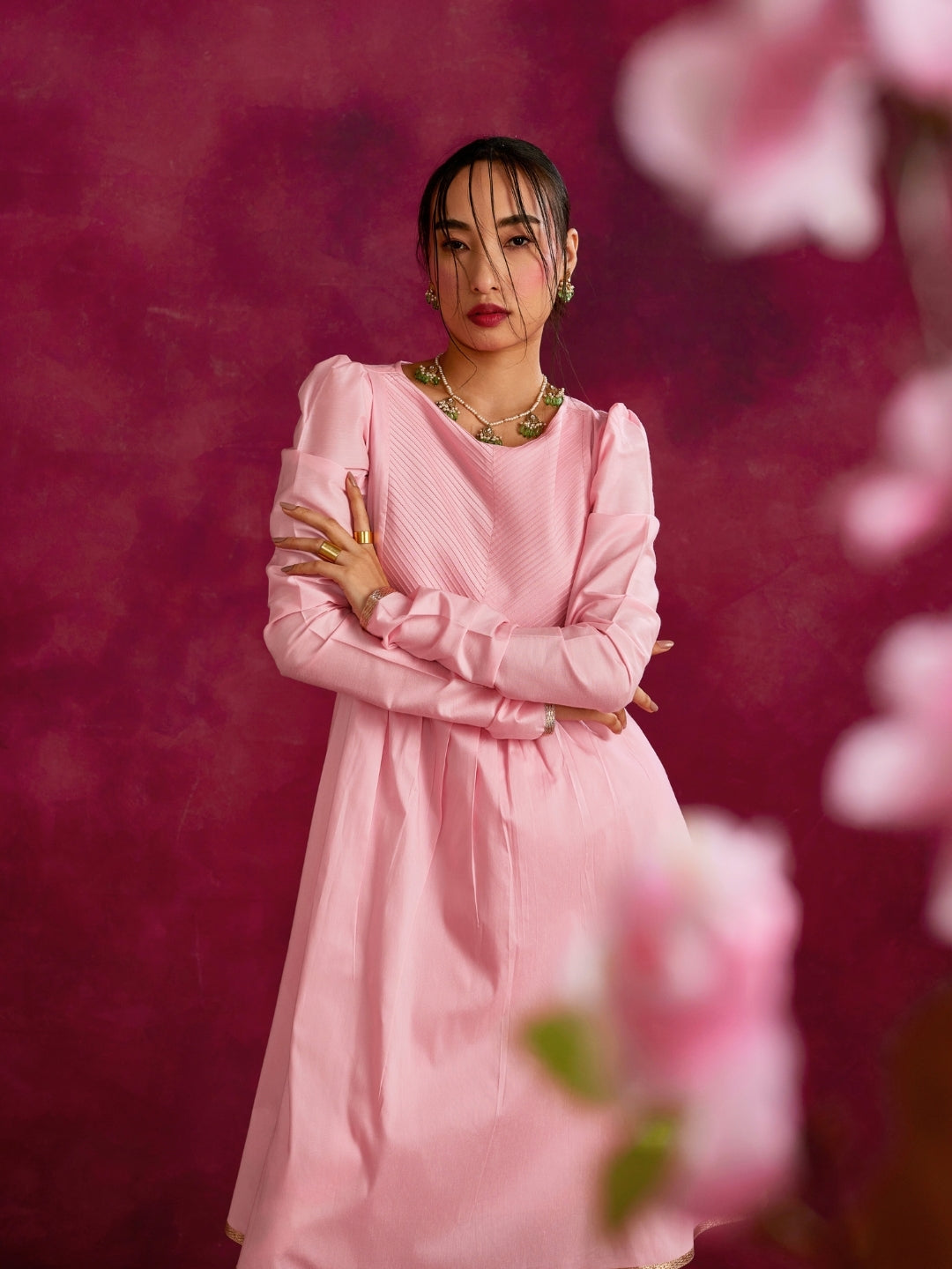 Pintucked yoke flared kurta- Sakura pink
