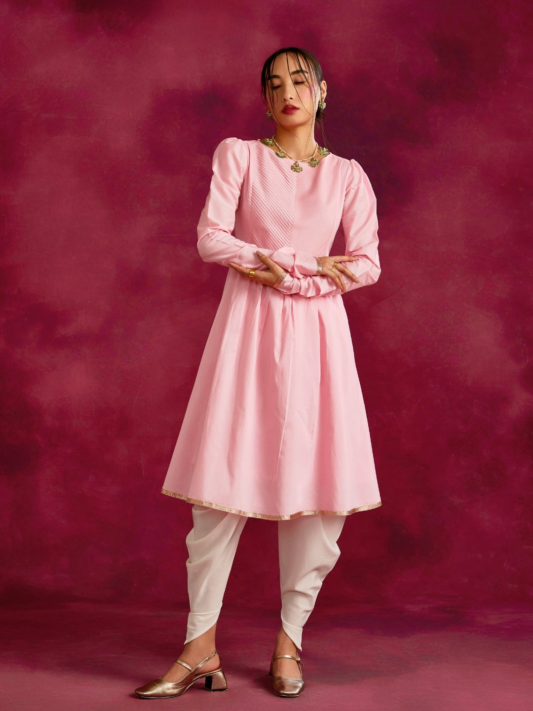 Pintucked yoke flared kurta- Sakura pink