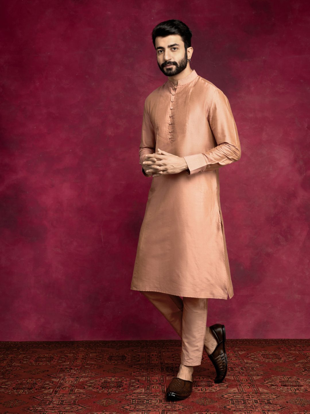 Pleated neck yoke straight kurta Set- Coffee brown
