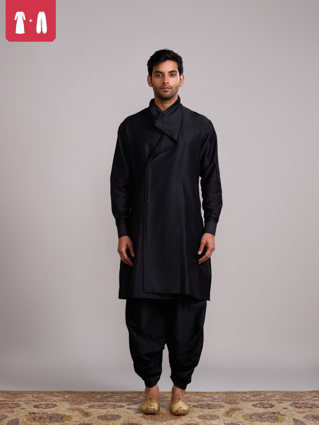Overlap Drape neck kurta paired with side pleated pants- Rich Black