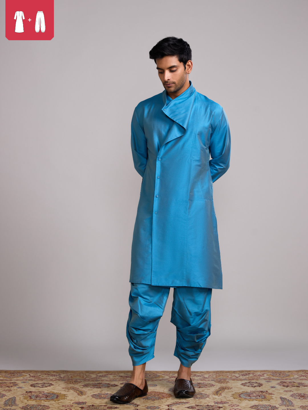 Overlap Drape neck kurta paired with side pleated pants- Blue moon