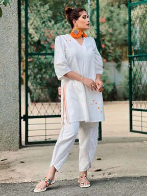 Pearl White Flared Kurta With Overlap Hem Pants