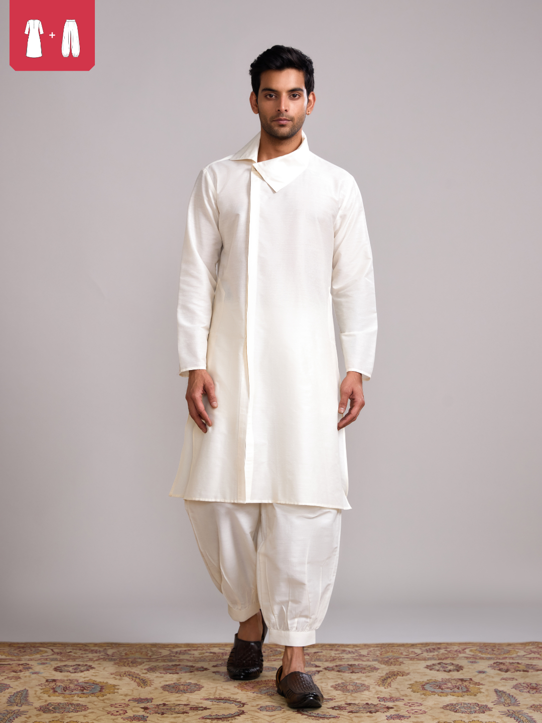 Classic collar straight kurta paired pathani pants- Ivory