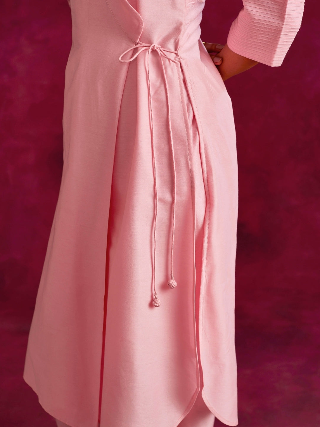 Shawl collar overlapped kurta Set- Sakura pink