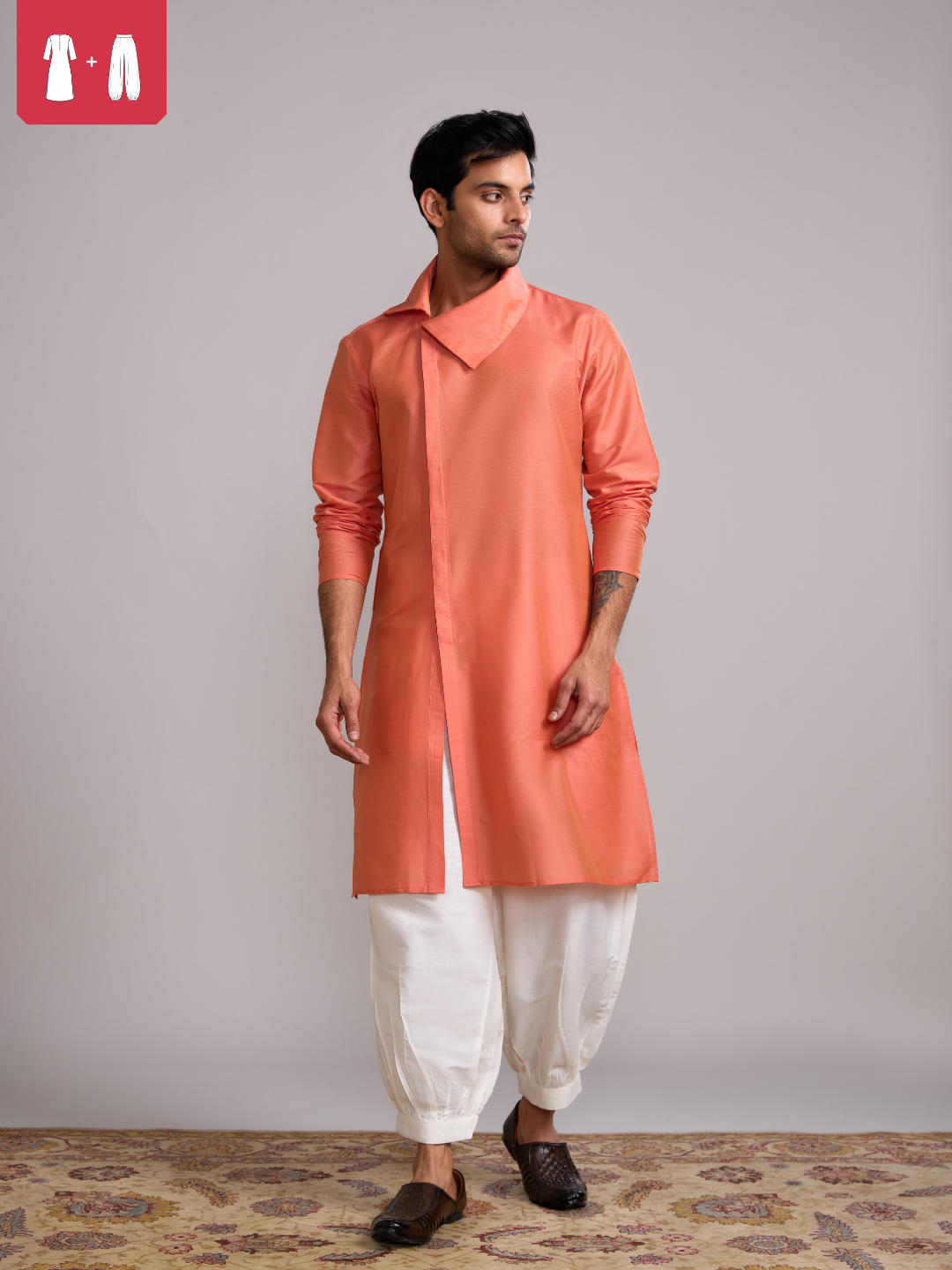 Classic collar straight kurta paired pathani pants- Peach fuzz