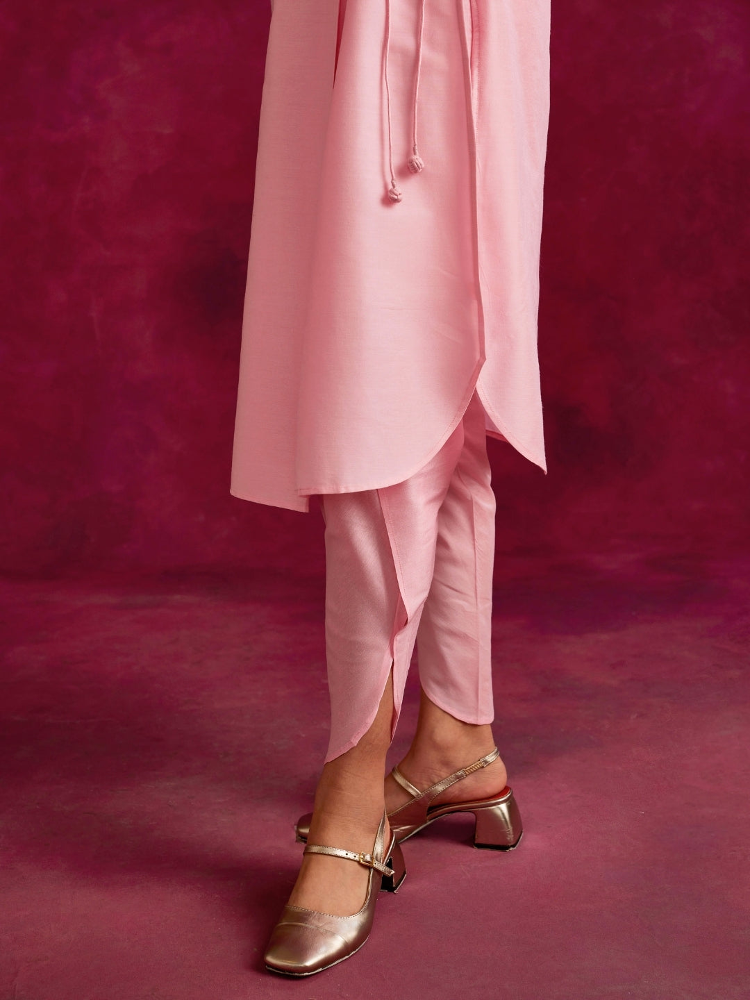 Shawl collar overlapped kurta Set- Sakura pink
