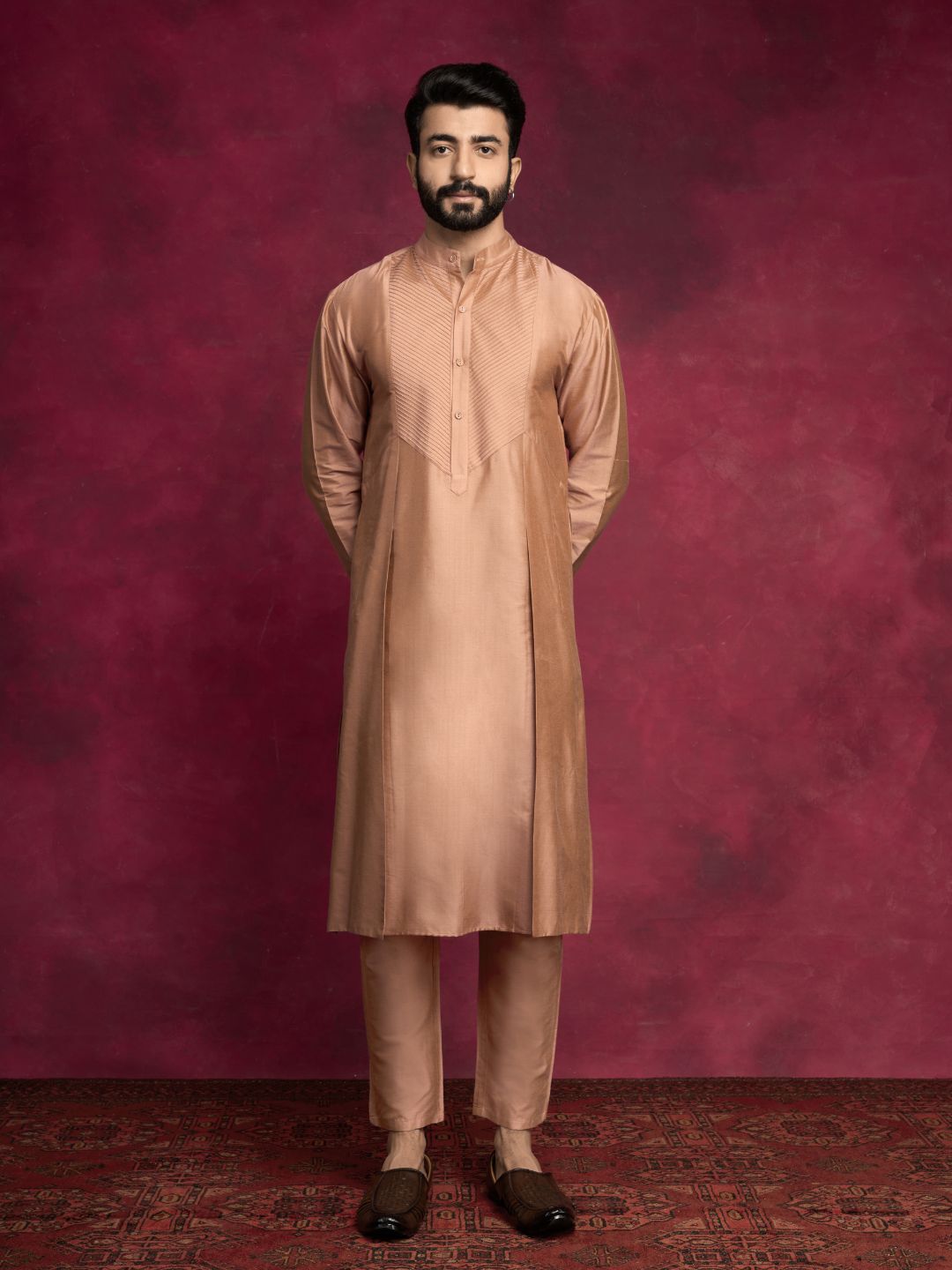 Pintuck neck yoke side panel kurta- Coffee brown