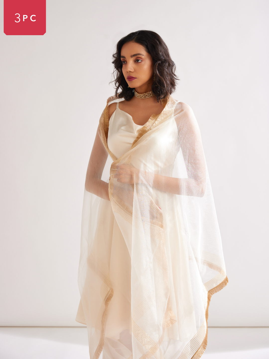 Cowl neck circular panelled kurta with side pleated pants along with dupatta- Ivory