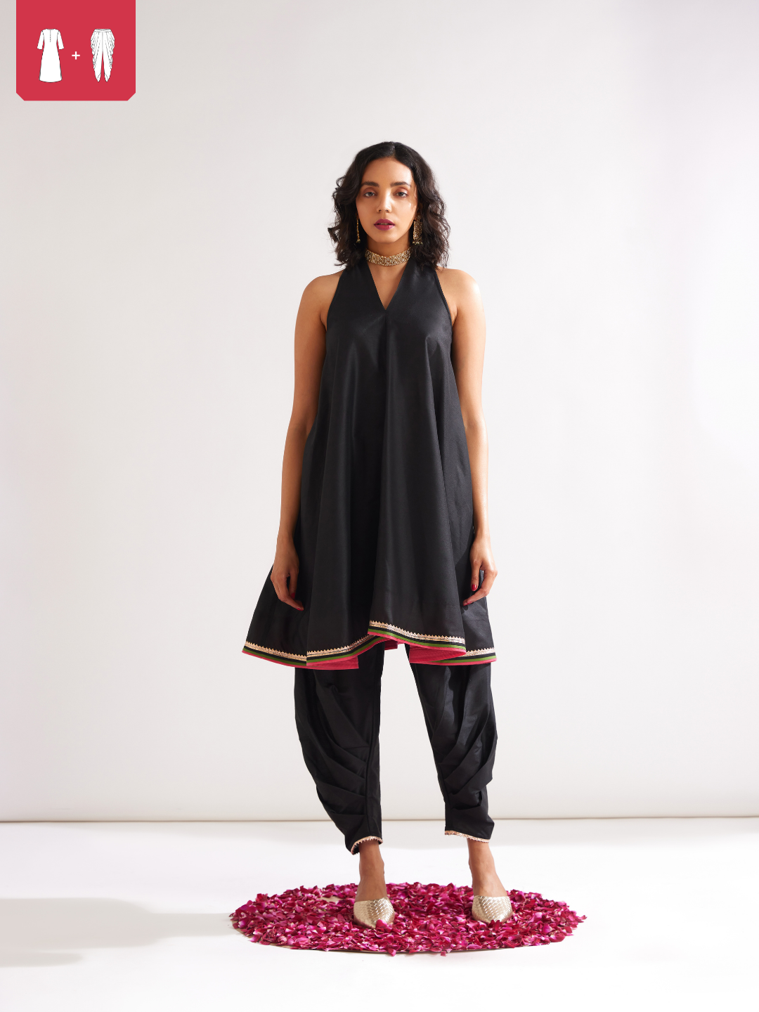 Back overlap halter neck kurta paired with side pleated pants- Rich black