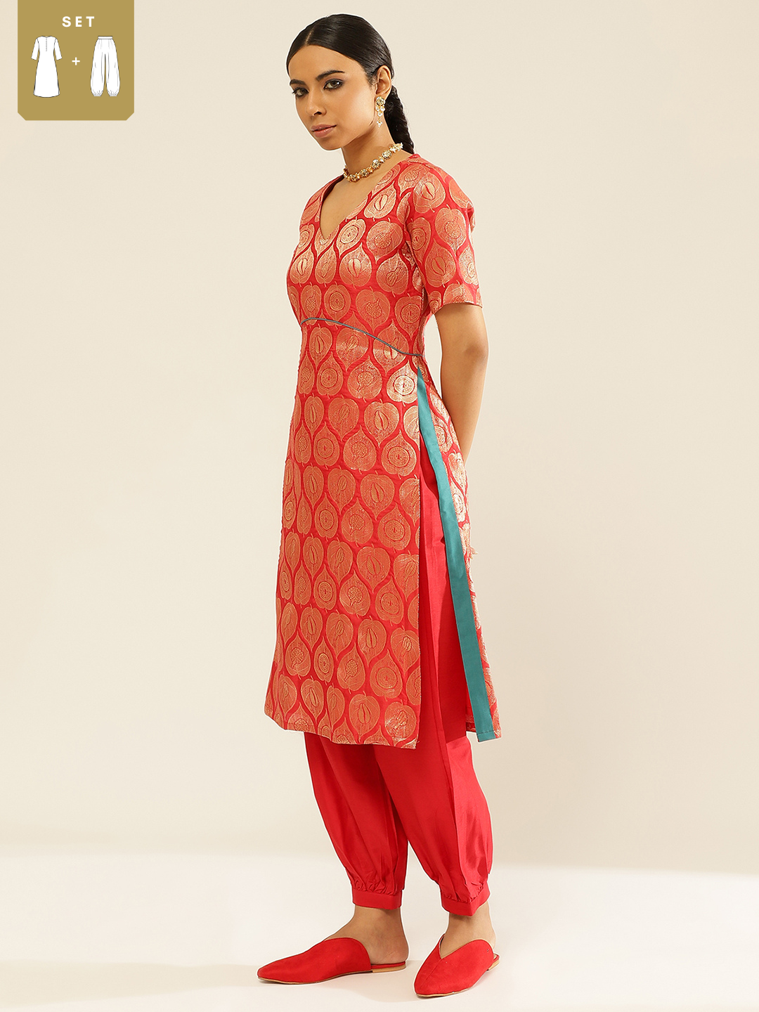 Banarasi zari kurta with U-waistline paired with pathani pants
