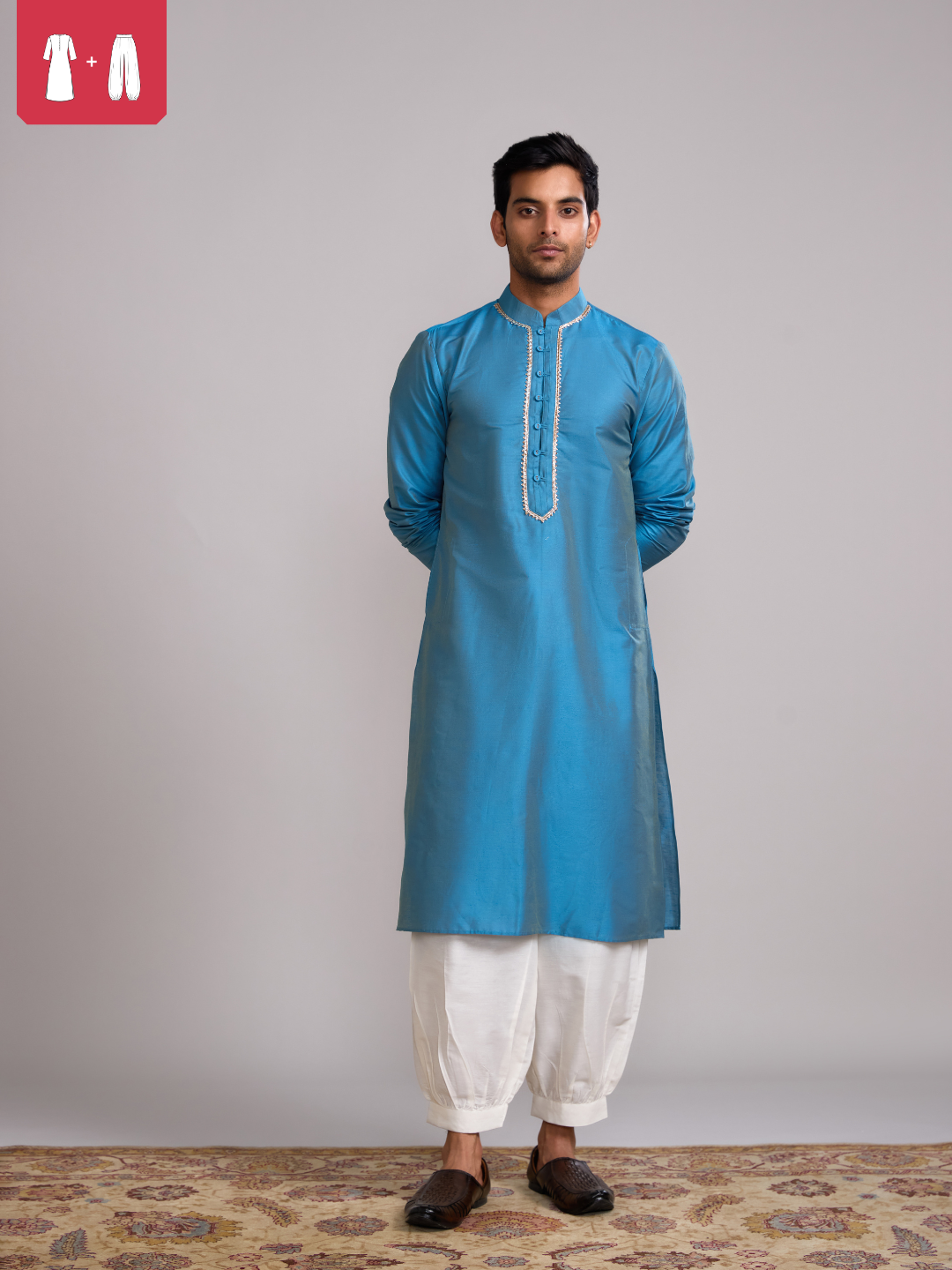 Button loops closure straight kurta paired with pathani pants- Blue moon